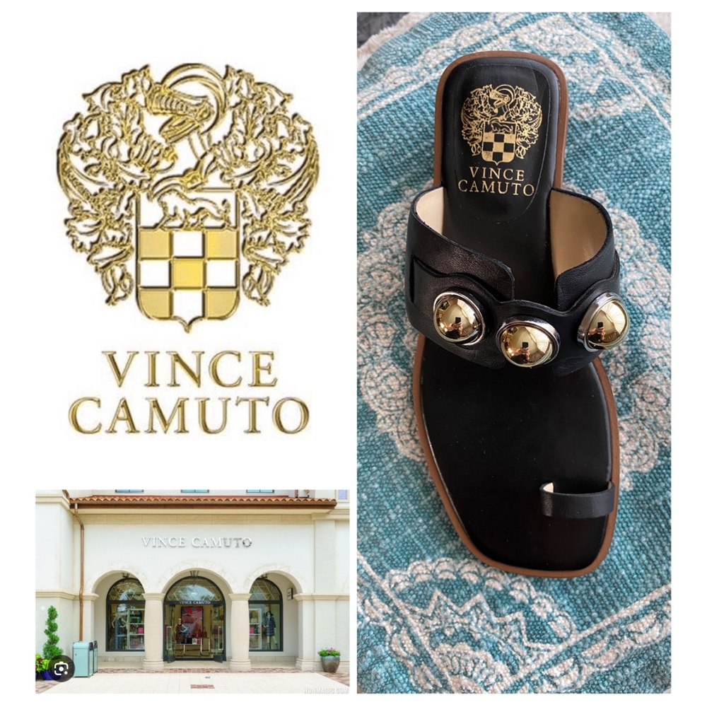 Vince Camuto Yevinny Sandal. Black with Gold Gem Embellishments. Size 6M. New.